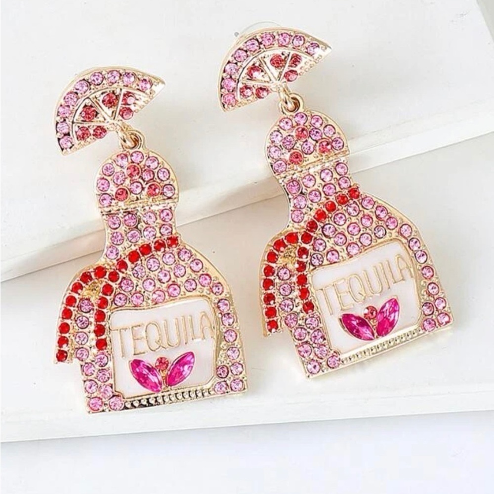 Bling Tequila Pink Rhinestone Drop Earrings